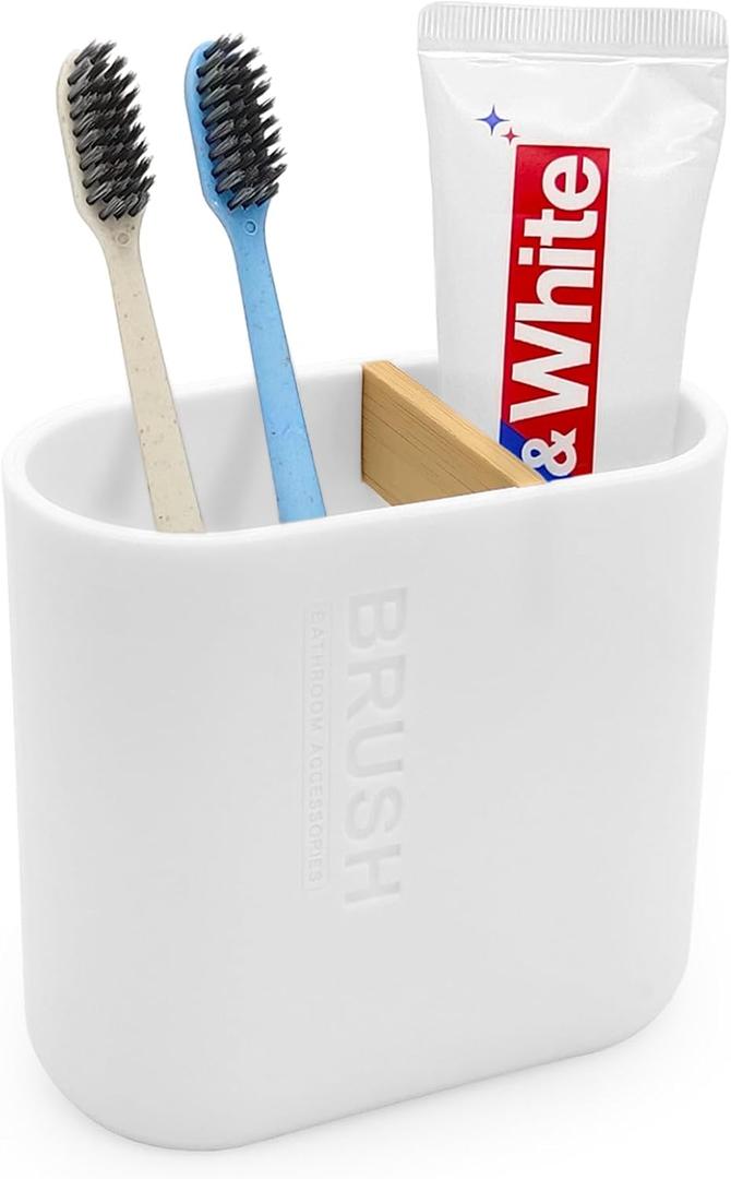 Toothbrush Holder with Bamboo Divider, Detachable for Easy Cleaning Multi-Functional Storage, 2 Slots Electric Toothbrush and Toothpaste Organizer Caddy for Bathroom Vanity, Sink, Countertop (White)