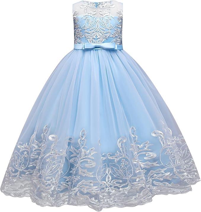 Flower Girl Lace Dress for Kids Wedding Bridesmaid Pageant Party Formal Long Gown Princess Communion Tulle Bow Dresses 9-10Y