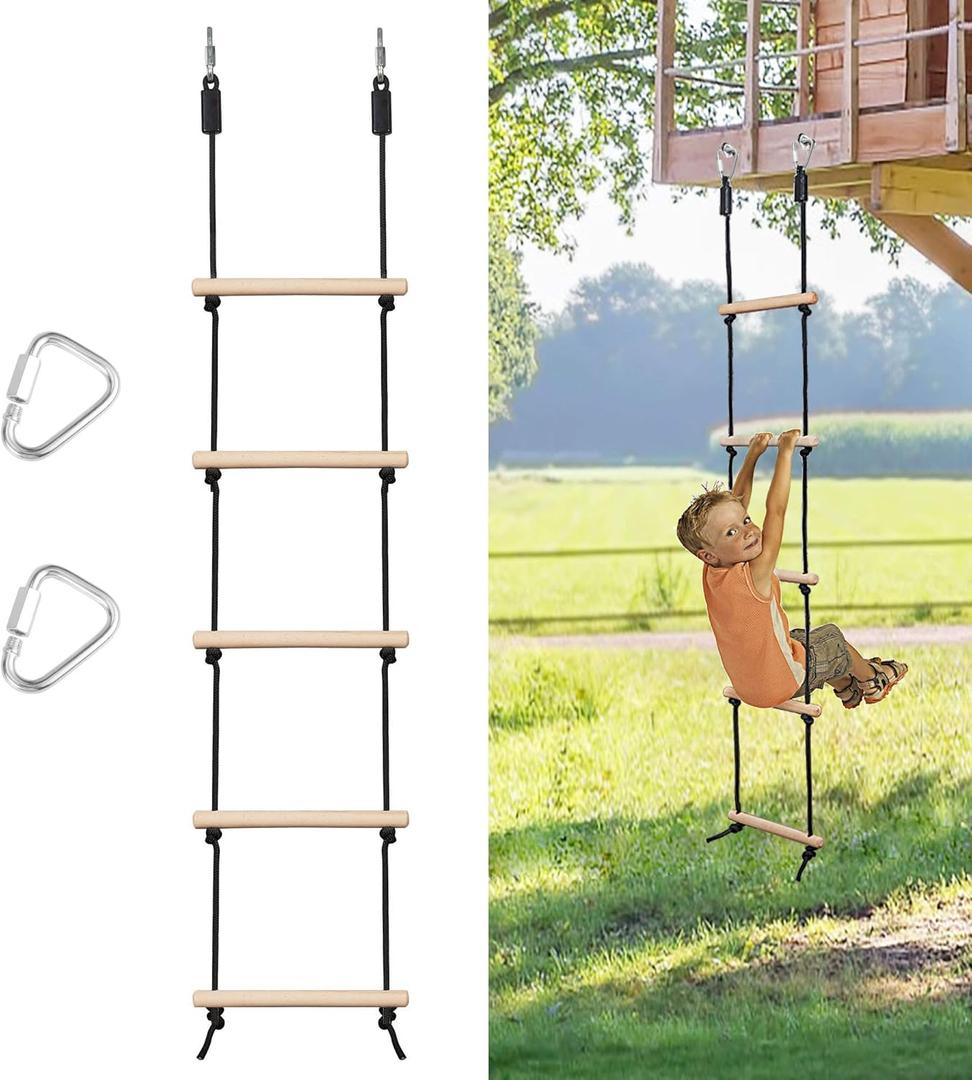 Rope Ladder for Kids Climbing Obstacle Wooden Swing Rope Ladder with 2 Hooks for Kids Climbing Game Hanging Ladder for Swing Accessories, Playground, Play Set