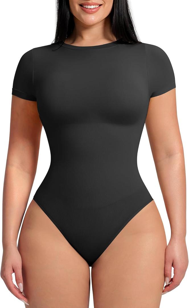 FeelinGirl Shapewear Bodysuit Compression Body Suits Women's Bodysuits High Neck Short Sleeve Plus Size Body Suit Body Shaper, XXL