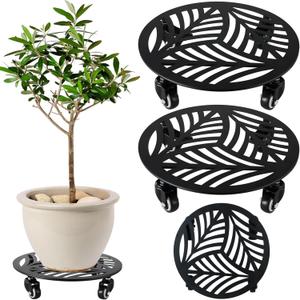 2 Packs Large Metal Plant Caddy with Wheels 14 Heavy-Duty Wrought Iron Rolling Plant Stands with Casters Indoor and Outdoor Plant Pot Roller Base Plant Saucer Movers Black