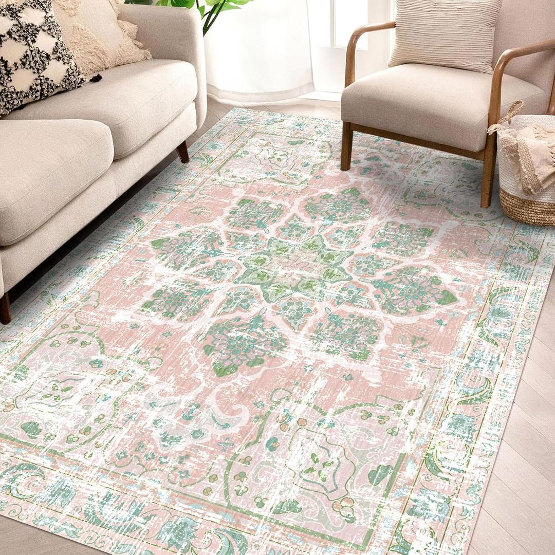 Vhong Boho Area Rugs Vintage Washable Neutral Modern Dusty Pink and Green 4x6 Non Slip Carpet for Nursery Living Room Dining Room Bedroom Farmhouse Girls'Room