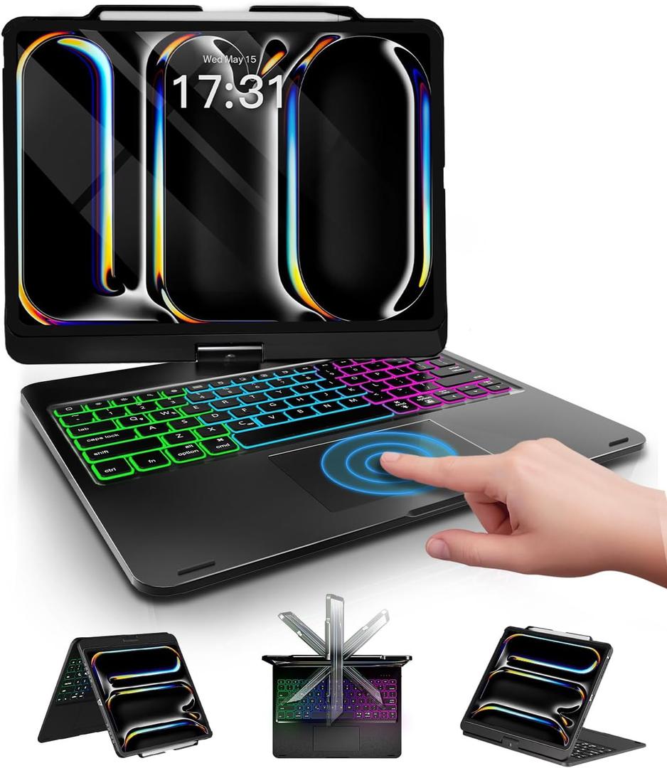 NOKBABO Trackpad Keyboard Case for iPad Pro 13 inch (M5/M4, 2025/2024), iPad Air 13" (M3/M2) & iPad Pro 12.9 6th/5th/4th/3rd, 360 Rotatable, Rainbow Backlit, Pencil Holder - Black