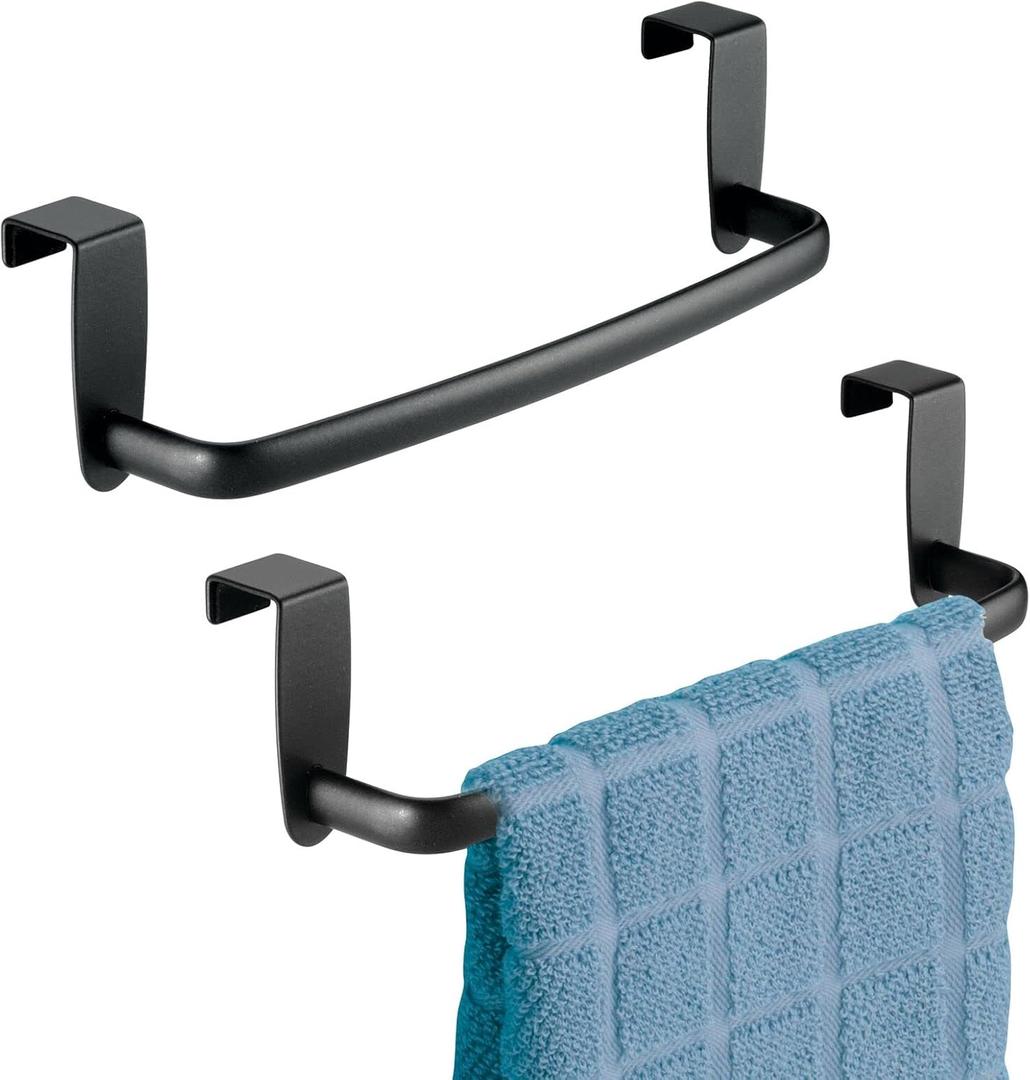 mDesign Steel Metal Wire Over Cabinet Towel Rack Storage Organizer - Hang on Cabinet or Door - Towel Bar Holder for Kitchen - Holds Hand Towels, Washcloths - Spira Collection, 2 Pack, Matte Black