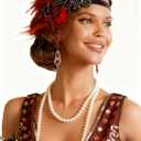 Tongcloud 1920s Flapper Feather Headband with Rhinestones Beaded Great Gatsby Headpiece for Women Showgirl Halloween Cosplay Party (Wine red, Medium)