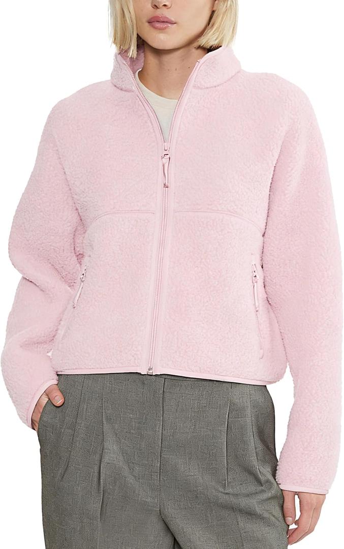 Yozazzy Fleece Jackets Women Causal Long Sleeve Sherpa Jacket Warm Ziper Fuzzy Coat Sweatshirts Trendy with Pockets(Pink-S)