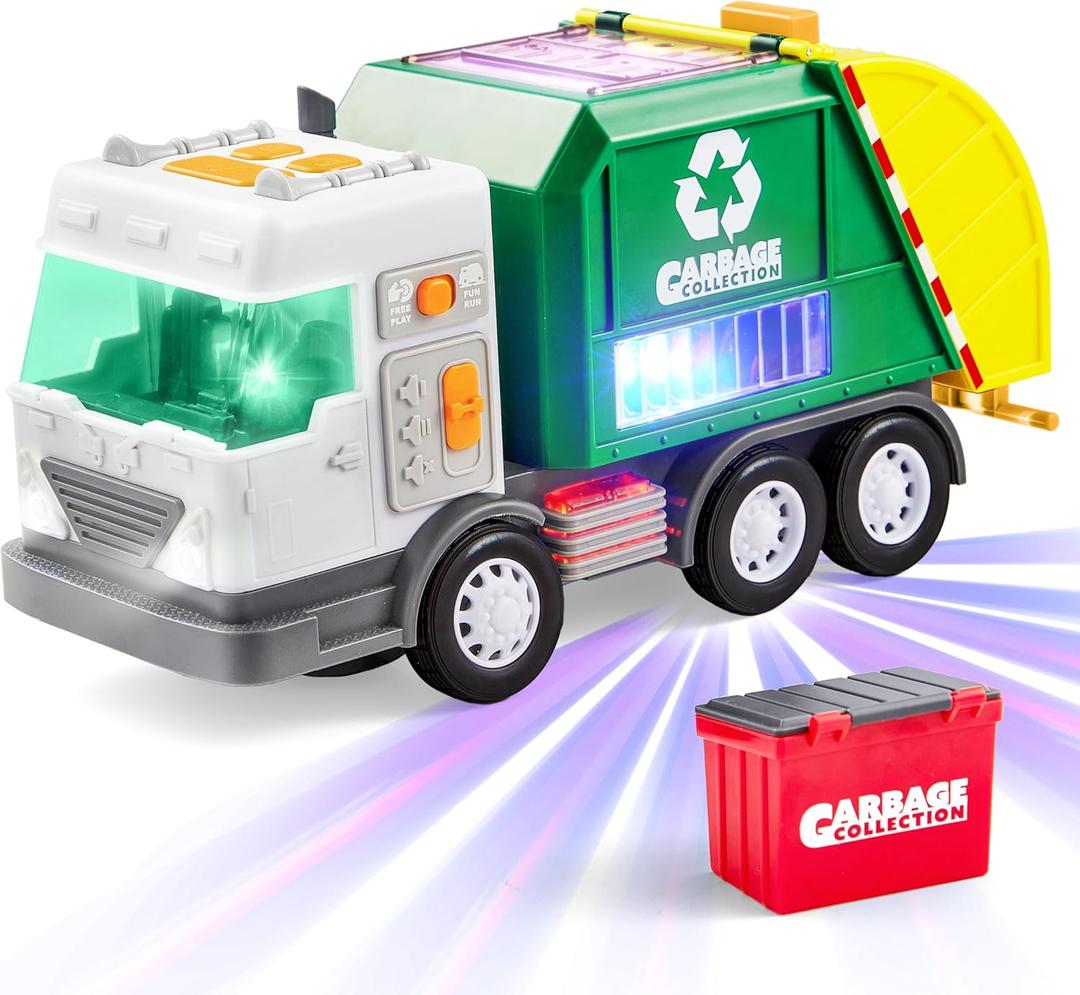 LED Garbage Truck Toy Set Includes Dumpster, Toy Truck with Mode Switch & Volume Control, Trash Vehicle with Lights and Sounds, Automatic Bump & Go Car