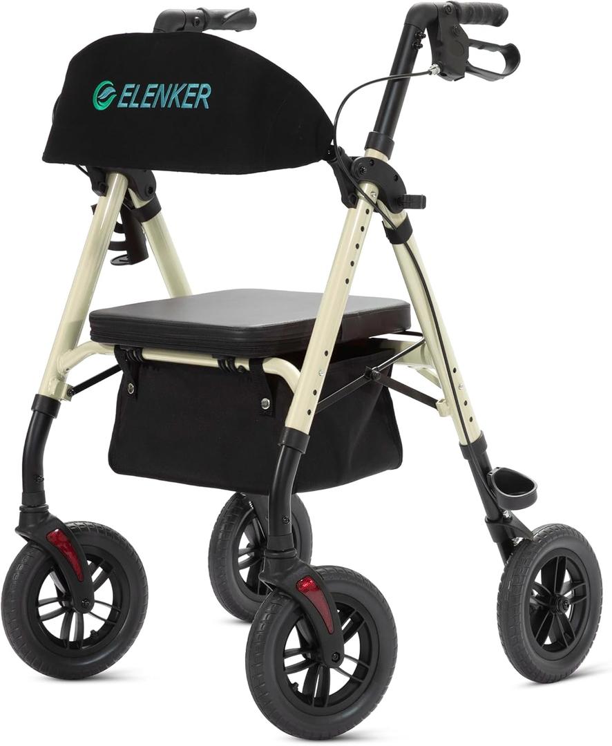 ELENKER All-Terrain Rollator Walker with 10 Non-Pneumatic Wheels, Sponge Padded Seat and Backrest, Fully Adjustment Frame for Seniors, Champagne