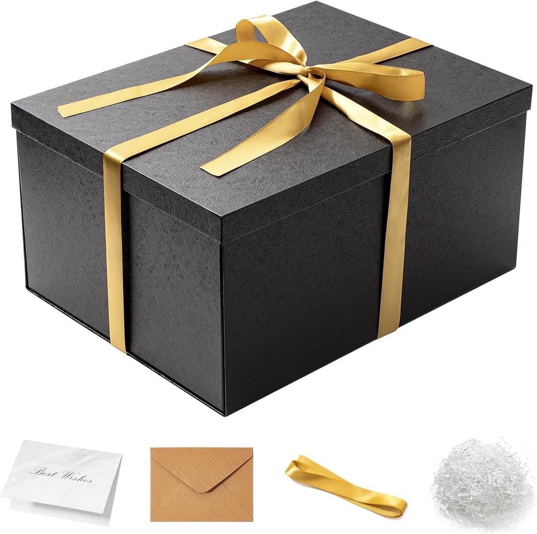 Mefleet 16x12x8 Inches Large Gift Box with Lid for Presents Big Deep Black Gift Boxes 1 Pack for Christmas, Birthday, Valentine's Day,Mother's Day Presents - Contains Crinkle Paper,Ribbon and Card