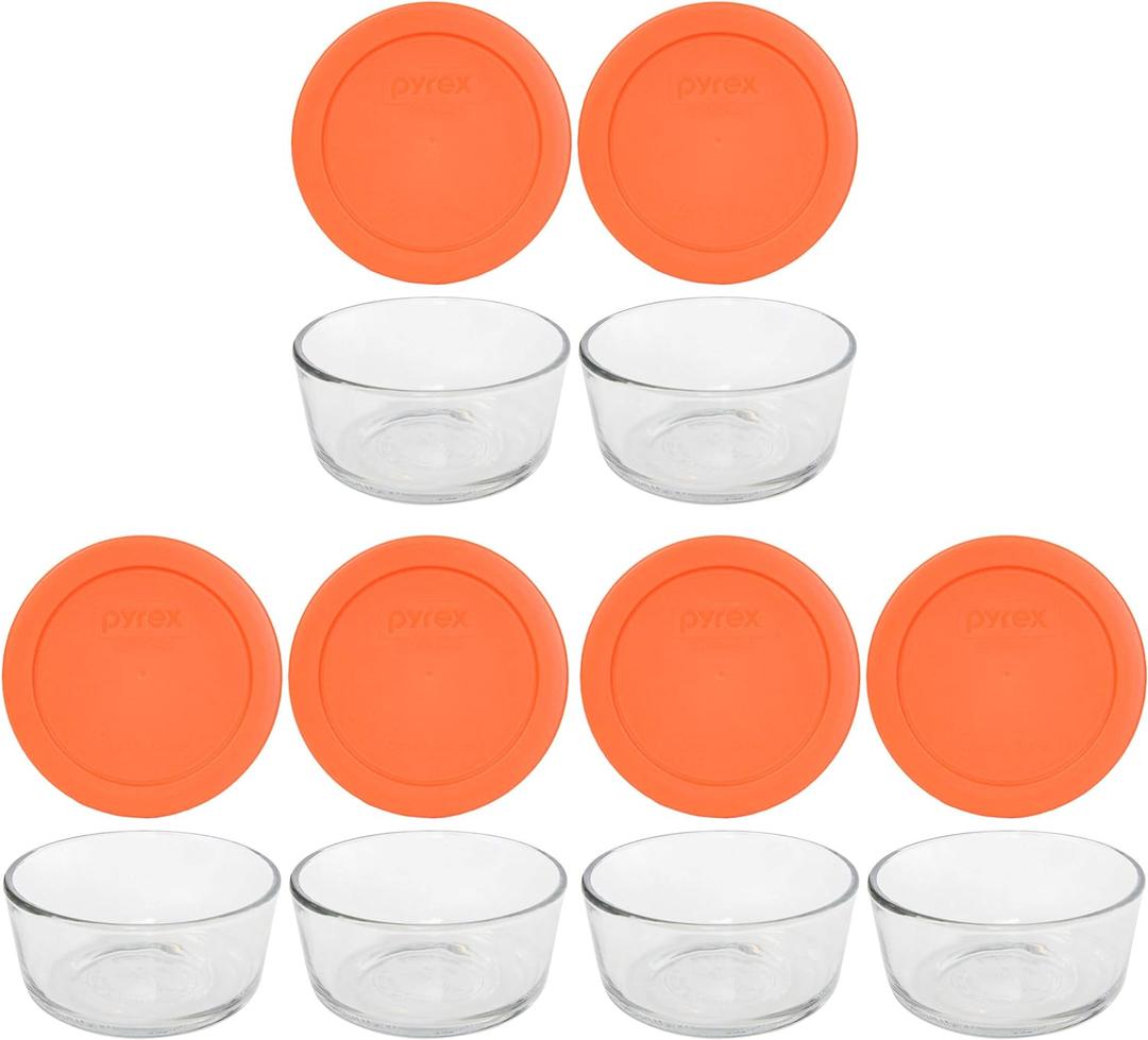 Pyrex (6 7200 2 Cup Glass Dishes & (6) 7200-PC 2 Cup Orange Lids - Made in the USA