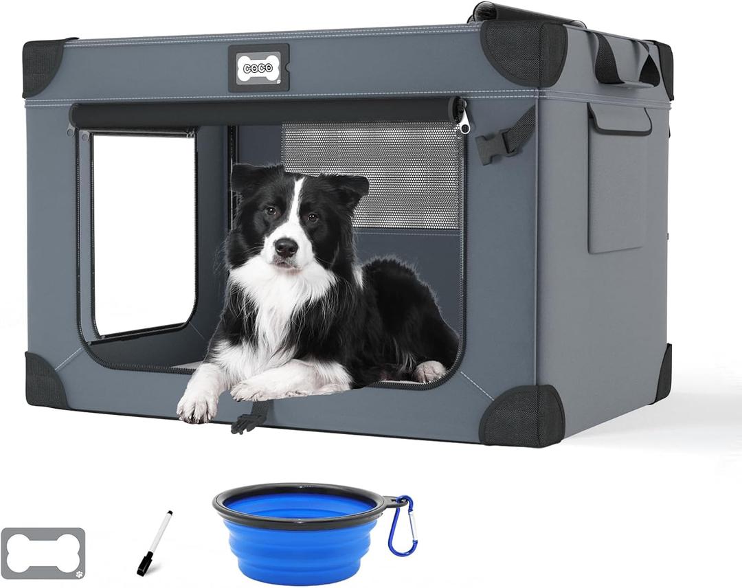 36 Inch Soft Dog Crates, Portable Travel Crate for Large Dogs, 3-Door Foldable Soft Kennel with Mesh Windows for Indoor & Outdoor Travel, with Blanket and a Foldable Bowl, Blue-L, 36.0"L x 25.0"W x 25.0"H