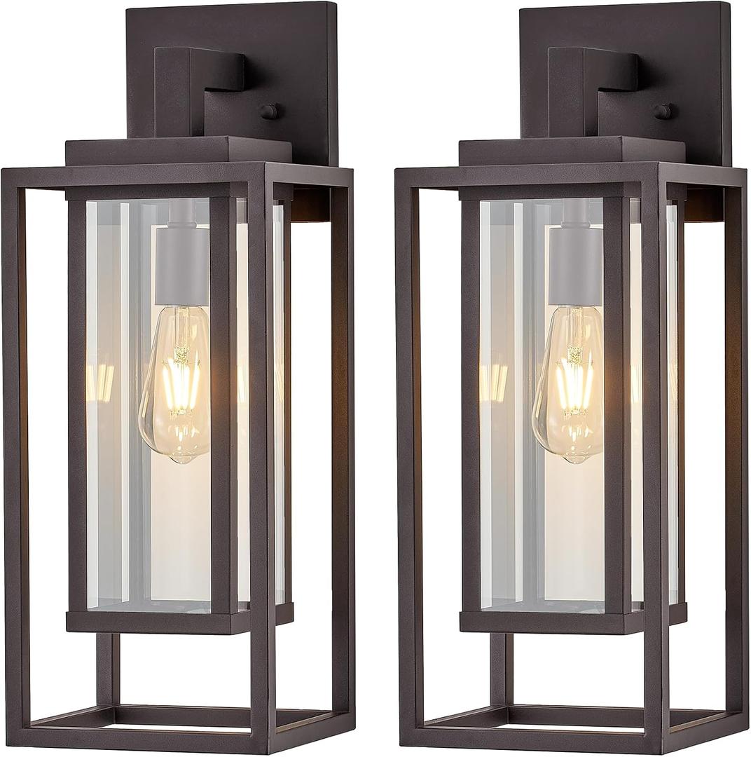 21" Outdoor Wall Light Fixtures Waterproofed Exterior Lantern W/Sturdy Rectangular Double Cage In Old Rust&Clear Tempered Glass,Sconce Mounted For House Patio,Front door,Porch,Garage Lighting 2Pack
