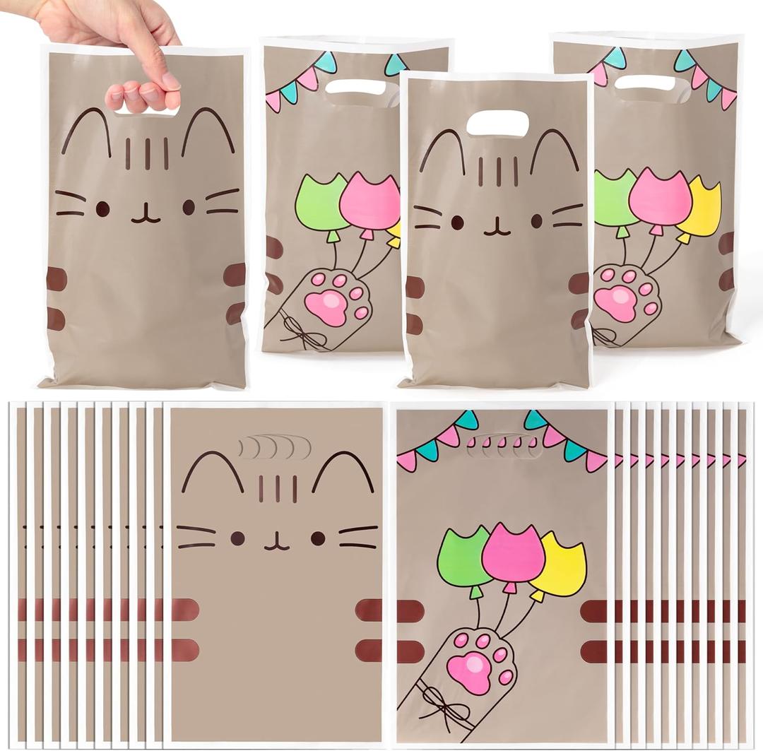 GaofanWai Cat Party Favor Bags - 50PCS Cute Animal Kitten Candy Gift Plastic Bags Bulk with Handles for Kids, Happy Birthday Grey Cartoon Cat Goodies Bag Party Supplies for Pet and Animal Lovers