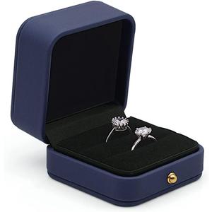 Wedding Ring Box Engagement Box Dusty Blue, Square Leather Velvet Jewelry Ring Bearer Box, Premium Gorgeous Vintage Double Slots Ring Box for Proposal, Ceremony, Anniversary, Gift