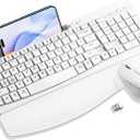 Wireless Keyboard and Mouse Combo, Wave Keys Computer Ergonomic Keyboard with Cushioned Plam Rest, Phone Holder, 2.4GHz Silent 6 Button Wireless Mouse Set for Laptop, PC, Windows, Mac (White)