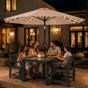10FT Solar Lighted Patio Umbrella, Outdoor Table Market Umbrellas with Push Button Tilt and Crank, 32 LED Lights, 8 Sturdy Ribs, UV-Resistant for Deck, Garden, Pool