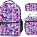 Kids Backpack with Lunch Box Set, 3-in-1 Geometric School Bag for Girls & Boys, Lightweight Waterproof for Elementary Middle School Students
