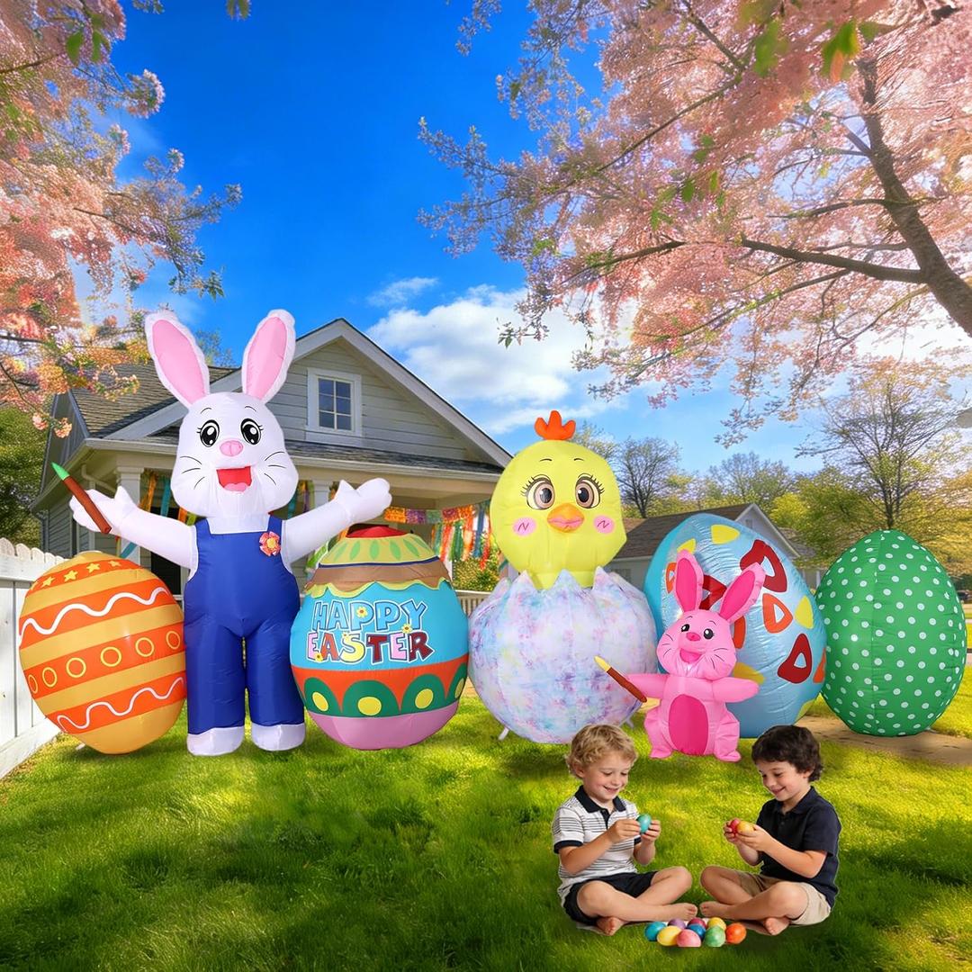 Easter Inflatable Outdoor Decoration, 11.5 FT Wide White Bunny with Chick and Easter Eggs, Built-in LED Lights, Blow Up Yard Decor for Lawn and Garden