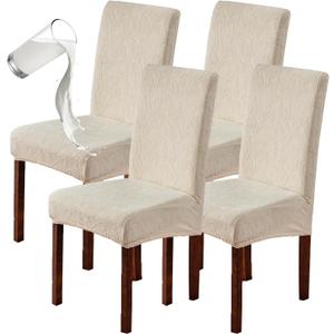 Genina 100% Waterproof Dining Room Chair Covers Set of 4 Stretch Kitchen Chair Covers Parsons Chair Slipcovers for Dining Room Chair Protector Cover, Removable, Washable (Leaf Pattern-Beige) (Regular-4 Pack)