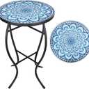 Vipush Outdoor Mosaic Side Table,14'' Round Small Patio Bistro Accent Table Indoor End Table Black Iron Plant Stand for Garden Yard Parch Balcony, Dark Blue