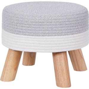 Vanity Stool Chair Hemp Rope Footstool Hand Weave Ottoman with Padded Seat,Small Ottoman Foot Rest with Wooden Legs for Bedroom,Small (Light Gray+Beige) (11 Inches Seat Height)