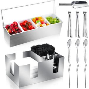 Tessco for you Garnish Tray with Lid Bar Caddy Ice Cooled Condiment Serving Container with Ice Scoop Metal Mini Serving Tongs Fruit Fork Spoons for Food Home Party Kitchen (Stainless Steel,4 Grids)
