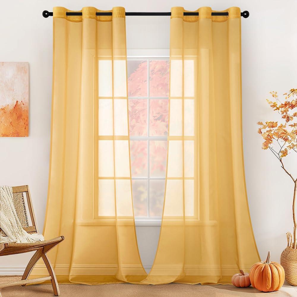 MIULEE Solid Color Sheer Curtains 96 Inches Long 2 Panels Set - Fall Elegant Lightweight Grommet Light Filtering Window Voile Panels/Drapes/Treatment for Bedroom Living Room W42 x L96 Inch, Gold