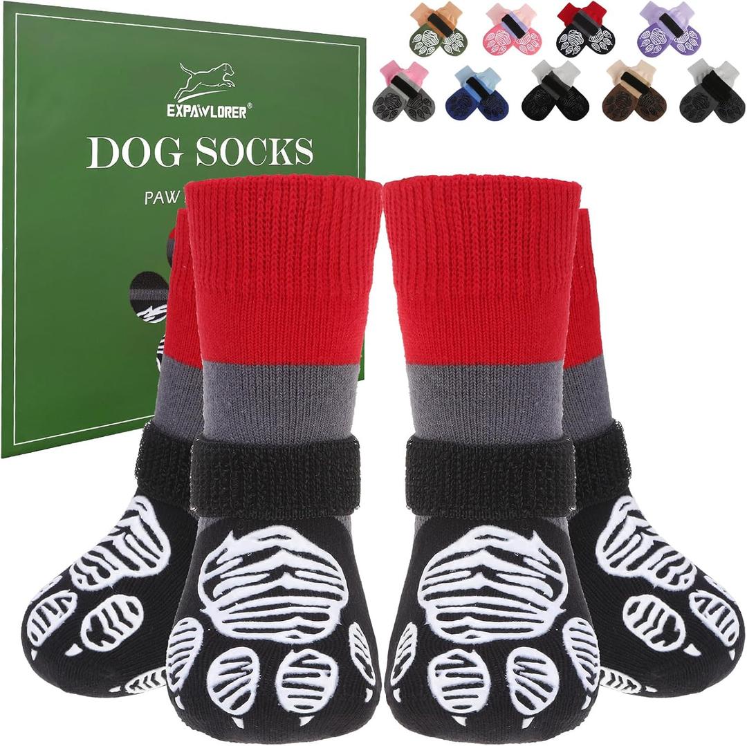 EXPAWLORER Christmas Anti Slip Dog Socks to Prevent Licking Paws, Dog Shoes for Cold Winter, Dog Booties for Hardwood Floors, Dog Boots & Paw Protectors for Small Medium Large Senior Dogs Red Black XL