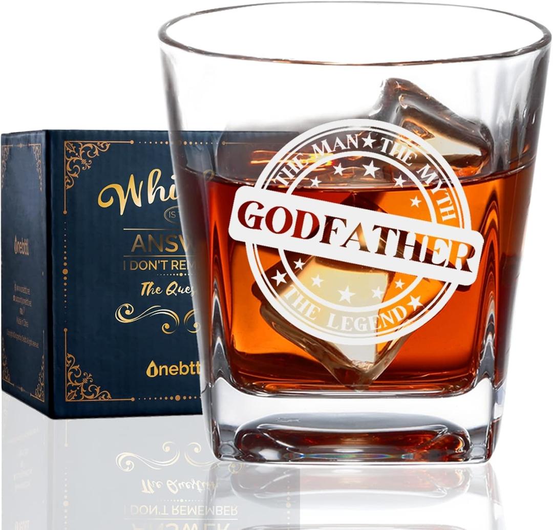 Onebttl Godfather Gifts, Whiskey Glass Funny Gift Idea for The Best Godfather for Proposal, Christmas, Birthday, Box and Greeting Card Included - THE MAN THE MYTH THE LEGEND