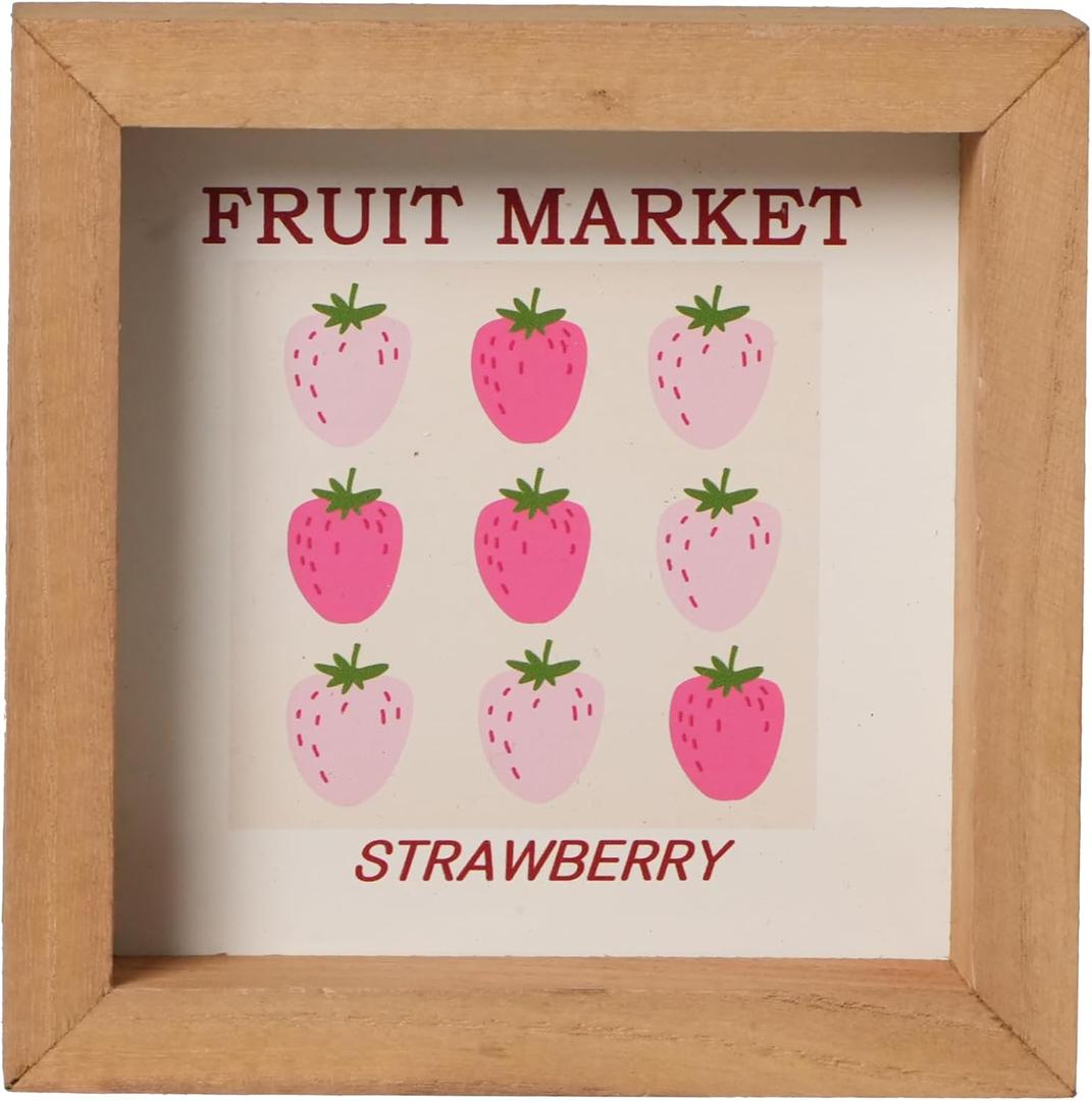 Strawberry Decor Kitchen Sign for Shelf, Strawberry Wood Sign for Tiered Tray Decor Summer Home Decoration 6”x6" (Fruit Market Strawberry)
