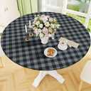 Smiry Round Picnic Tablecloth, Elastic Waterproof Fitted Vinyl Tablecloths for 57"-68" Tables, Flannel Backed Buffalo Plaid Table Cover for Dining, Camping, Outdoor, Black and Grey