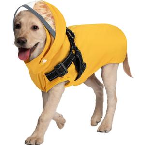 Lukovee Dog Raincoat - Waterproof Rain Jacket with Harness & Removable Hood, Reflective Double Layer Dog Rain Coat Poncho (M, Y)
