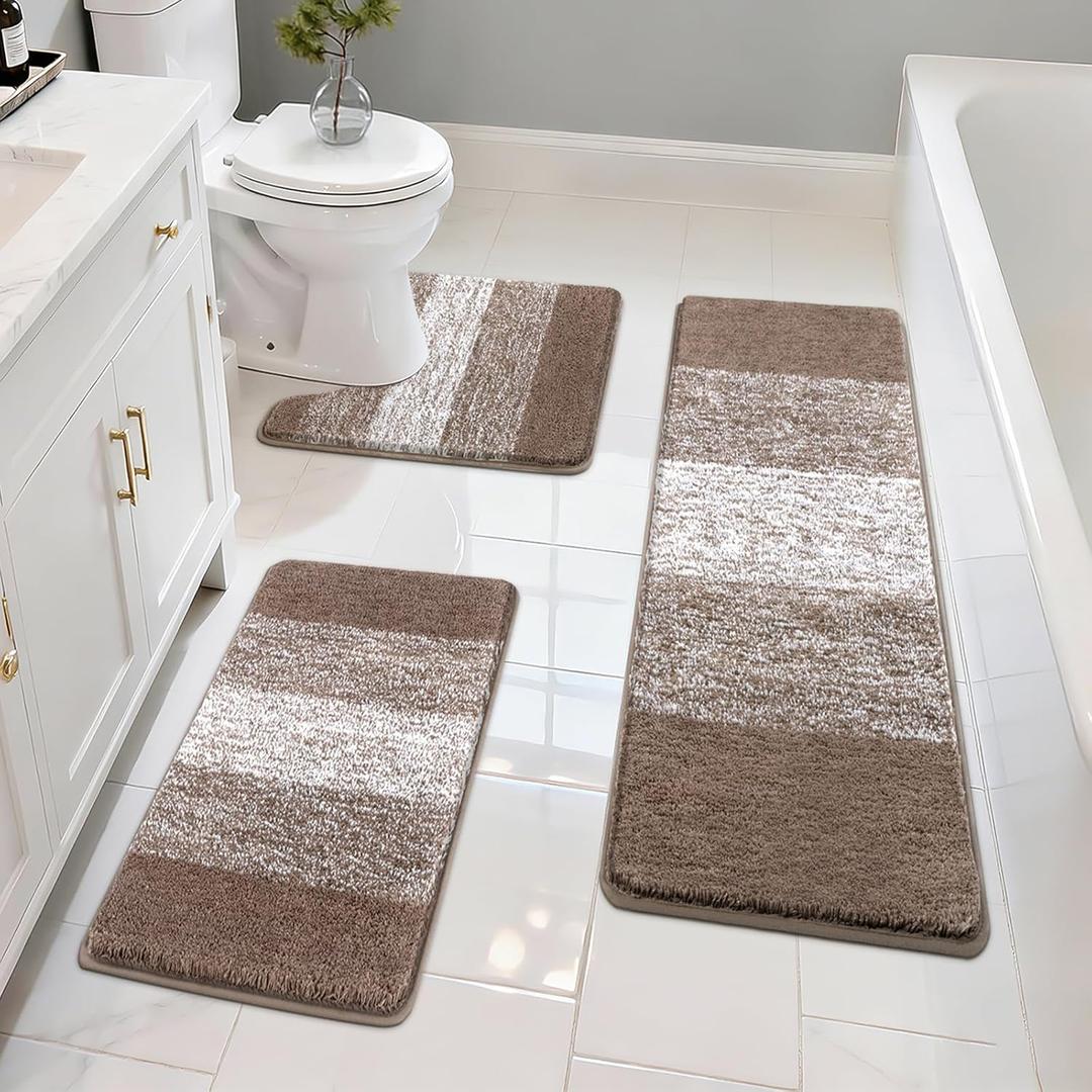 Pauwer 3 Piece Bath Mat Set, Non Slip Plush Bathroom Rugs, Absorbent Shaggy Bathroom Rug Set with U-Shaped Contour Toilet Mat, Brown, 18"x26"+20"x32"