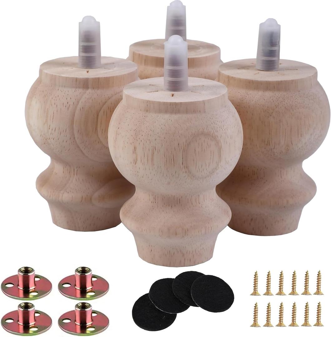 3 Inch Wooden Unfinished Bun Feet for Dresser Legs Couch Sofa Cabinet Ottoman DIY Replacement Wood Furniture Legs Set of 4 M8 Bolt Screw in (3”) Patent Application