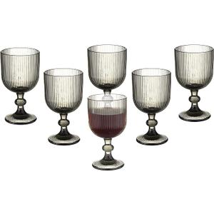 Vintage Wine Glasses Set of 6, 11 Ounces Colored Glass Water Goblets, Colorful Unique Embossed Pattern High Clear Stemmed Glassware Wedding Party Bar Glass Drinking Cups Vertical Line Grey