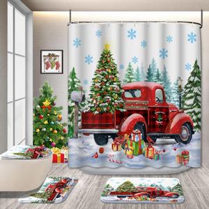 Christmas Bathroom Decor Set with Red Truck & Tree  4-Piece Holiday Bathroom Set with Shower Curtain, Toilet Lid Cover, Bath Mat & Rug  Waterproof Polyester, Festive Winter Theme (72"W x 72"L (Pack of 1))