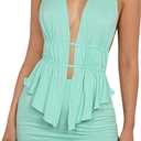 SHENHE Women's Sexy Outfits 2 Piece Y2k Backless Deep V Ruffle Halter Top Bodycon Slit Mini Skirt Set (Large, Mint Green)