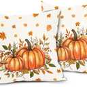 Fall Throw Pillow Covers 18x18 Inch Set of 2 Orange Autumn Pumpkin Decorative Outdoor Pillow Covers Thanksgiving Pillowcases Cotton Linen Cushion Covers for Couch Bedroom Home Decor