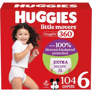 Huggies Size 6 Baby Diapers, Little Movers HuggFit 360 Baby Diapers with 360 Waistband, Size 6 (35+ lbs), 104 Count, Packaging May Vary
