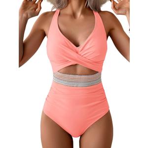 B2prity One Piece Swimsuit for Women Tummy Control V Neck Bathing Suit Color Block High Waisted Cutout Swimwear (Large, Pink)