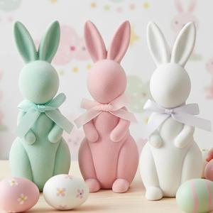 3 PCS Flocked Bunny Figurines, 5.5in Easter Bunny Decor with Ribbon Bow, Colorful Resin Rabbit Decor for Home, Spring Table Centerpieces, Easter Table Decor(Flocked 3pcs)