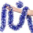 50 Feet Blue Christmas Tinsel Garland for Christmas Tree Decorations, Xmas Metallic Twist Shiny Hanging Garland Decor for Mantle Stairs Fireplace Home Holiday Indoor Outdoor
