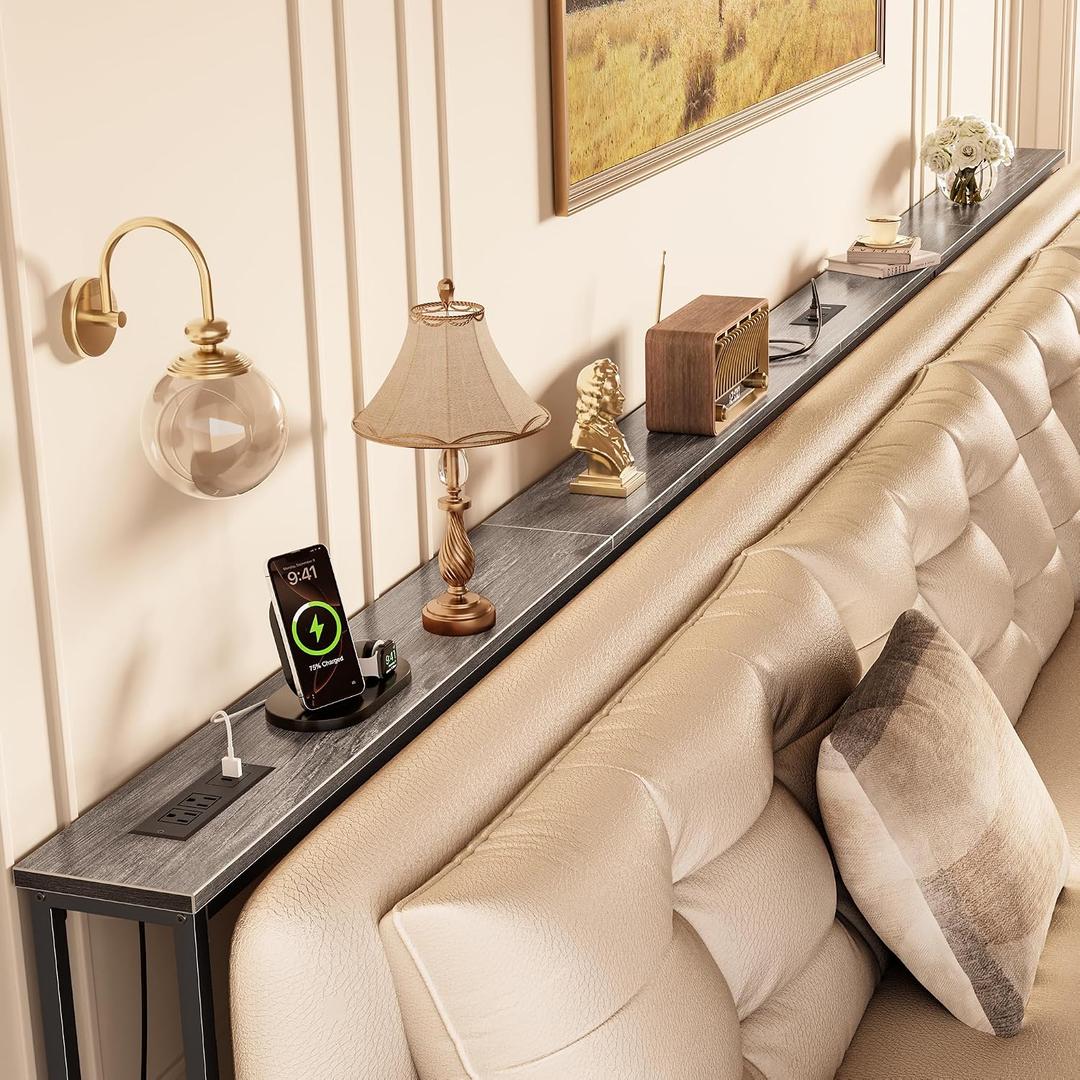 Huuger 141.7 Inch Sofa Table with Power Outlets, Skinny Behind Couch Table | 5.9 Inch Narrow Entryway Table, Extra-Long Console Table, Behind the Couch Table with Outlet for Living Room, Grey, 5.9"D × 141.7"W × 29.7"H