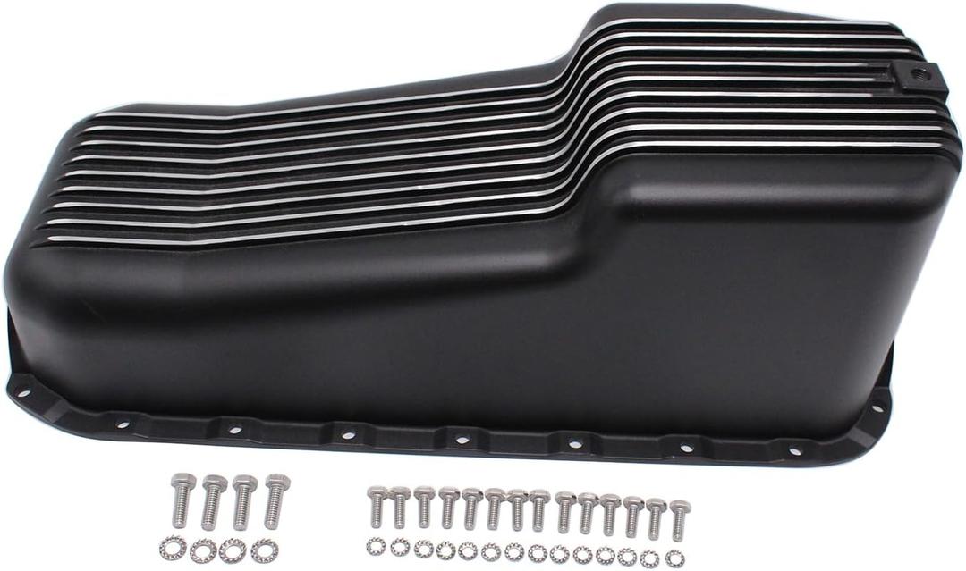 1 Set SHLPDFM Oil Pan Powder Coated Balck Aluminum Finned Oil Pan Kit Bolts Plugs Fits for 1958-1979 SBC Chevy 262, 267, 283, 305, 327, 350, 400 Engines