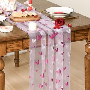 Artoid Mode Pink Heart Gauze Table Runner 120 Inch 10FT,Glitter Metallic Foil Valentines Day Sheer Dining Anniversary Wedding Table Decor for Home Party (28" x 120")
