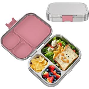 Stainless Steel Bento Lunch Box, 3-Compartment Food Container Large 800ML Metal Bento Box for Kids or Adults with Lockable Clips to Leak Proof Pink
