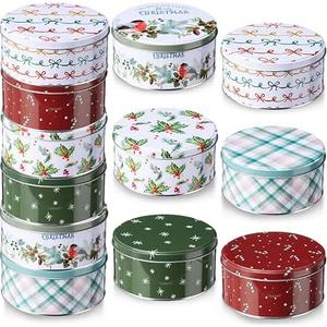 Christmas Cookie Tins with Lids for Gift Giving Small Xmas Tin Containers Round Metal Christmas Tins Empty Cookie Jar for Gift Giving Holiday Party Favors (Stylish Style)