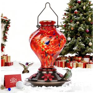 Hummingbird Feeder, BOLITE Glass Hummingbird Feeders for Outdoors Hanging, Hand Blown Twisted with Ant Moat and Five Feeding Ports, 24 Ounces, Leak Proof, Red, Gifts for Women Men, Gifts for Mom Dad