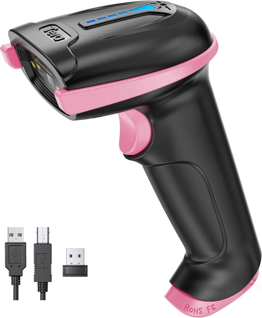Tera Barcode Scanner Wireless Versatile 2-in-1 (2.4Ghz Wireless+ USB 2.0 Wired) with Battery Level Indicator, 328 Feet Transmission Distance Rechargeable 1D Laser Bar Code Reader Handheld 5100 Pink