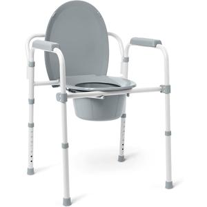 Medline 3-in-1 Steel Bedside Commode, Elongated Seat, Sturdy Folding Frame, 7.5 QT. Bucket, 350 lb. Weight Capacity, Clip-on Seat, Easy Cleaning, ...